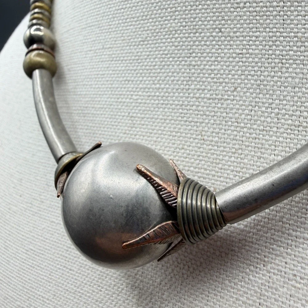 Mixed Metal Orb Collar Necklace Silver Copper & Brass Tone Statement Artisan